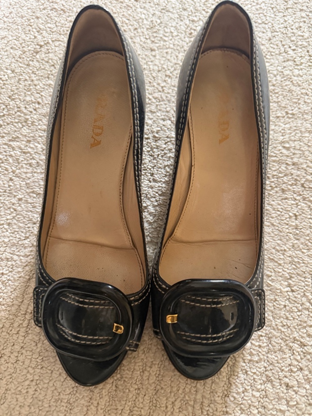 Prada Black Patent Leather Flats with Decorative Buckles